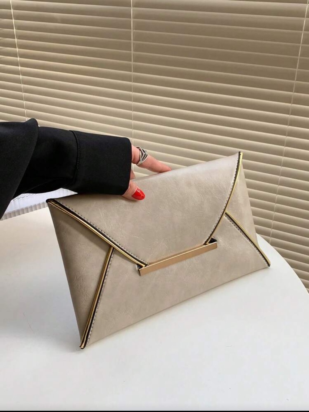 Beige Envelope Clutch Bag with Gold Accent